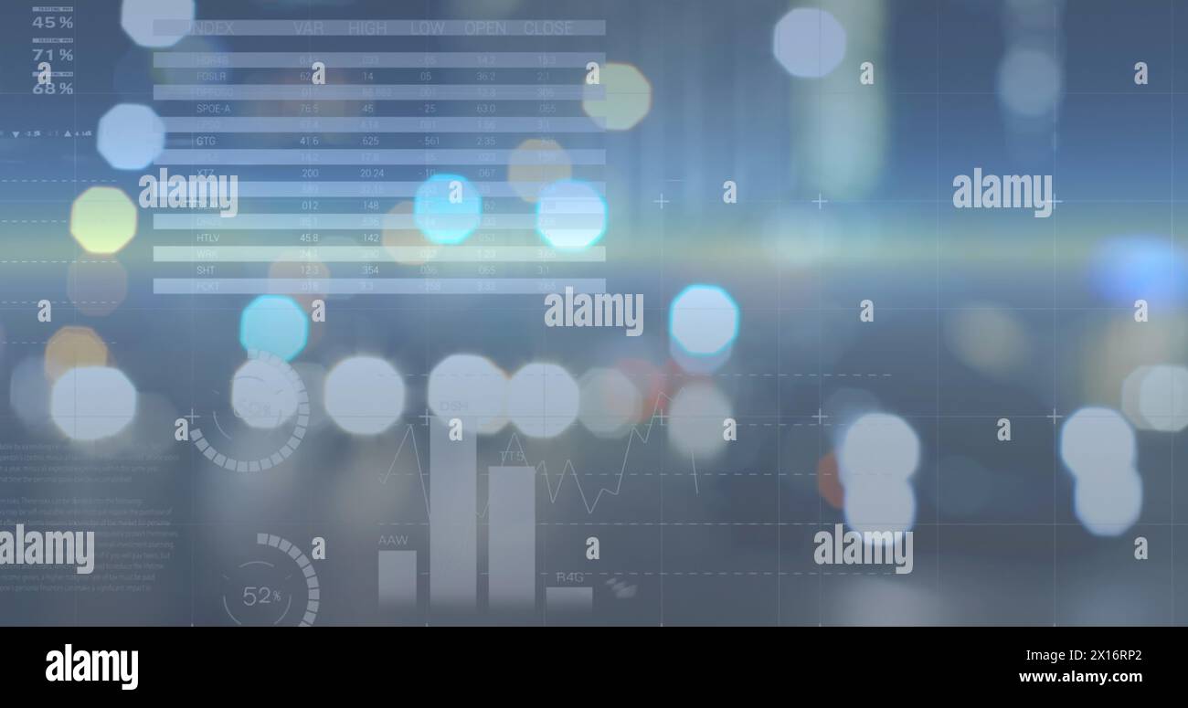 Immagine dell'effetto bokeh illuminato sull'interfaccia infografica e riflesso dell'obiettivo sullo sfondo Foto Stock