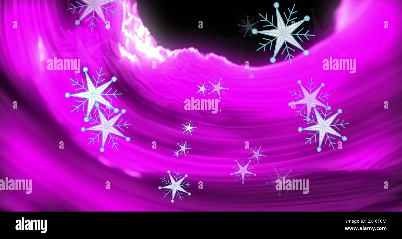 Immagine di più icone a stella che fluttuano su onde digitali viola su sfondo nero Foto Stock