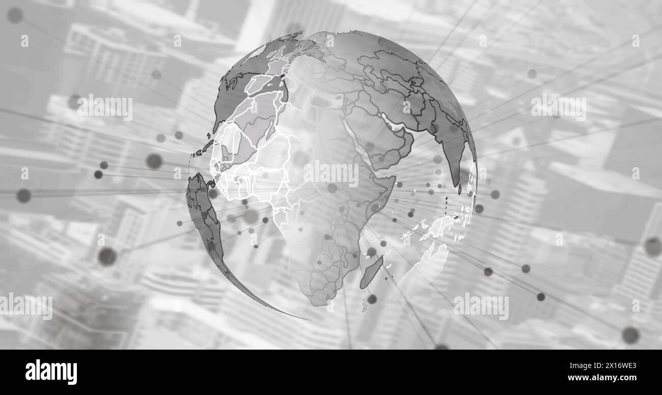 Immagine di punti che collegano il globo rotante contro la vista aerea del paesaggio urbano Foto Stock