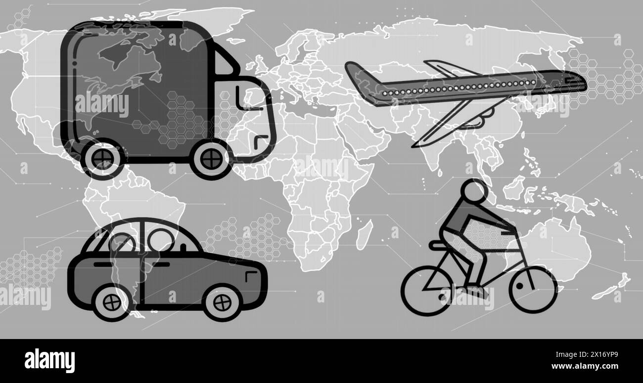 Immagine delle icone di trasporto sulla mappa mondiale su sfondo grigio Foto Stock