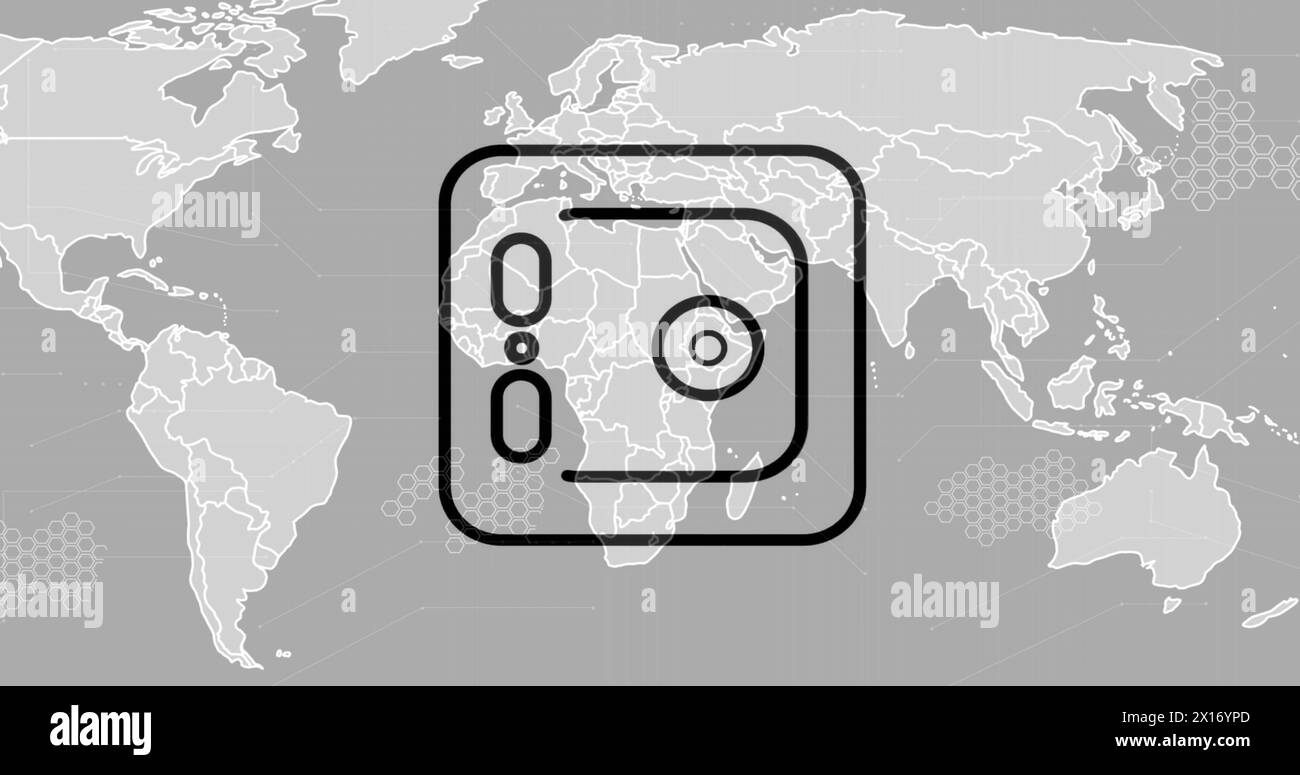 Immagine di icone finanziarie sulla mappa mondiale su sfondo grigio Foto Stock