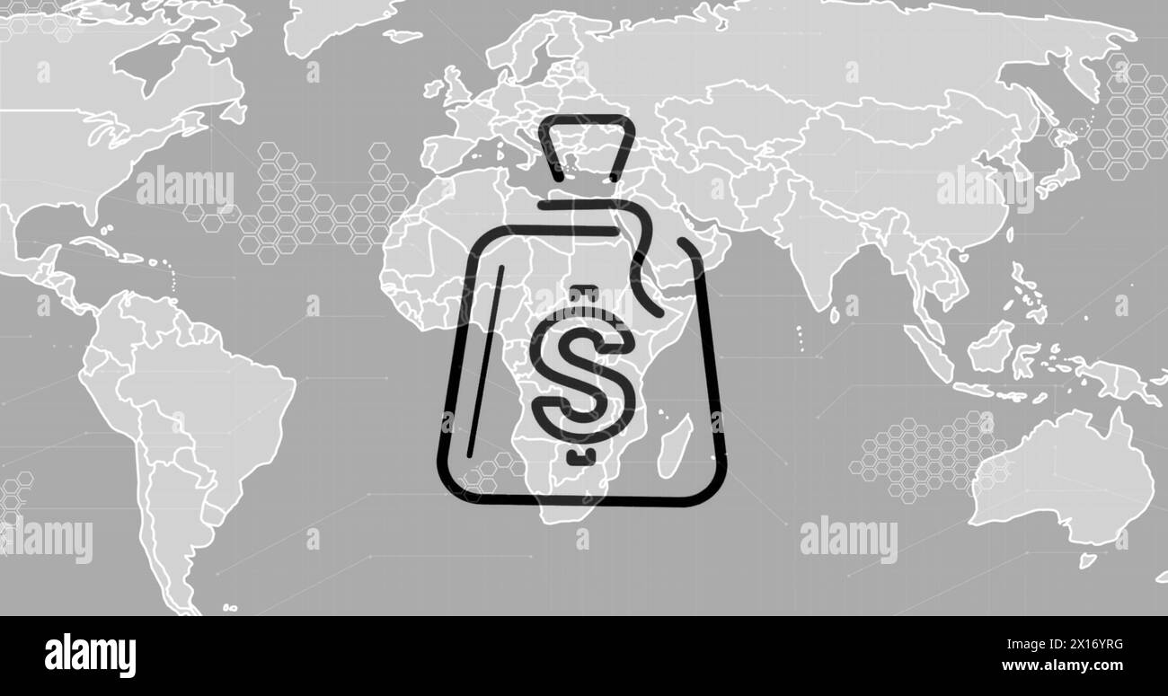 Immagine di icone finanziarie sulla mappa mondiale su sfondo grigio Foto Stock