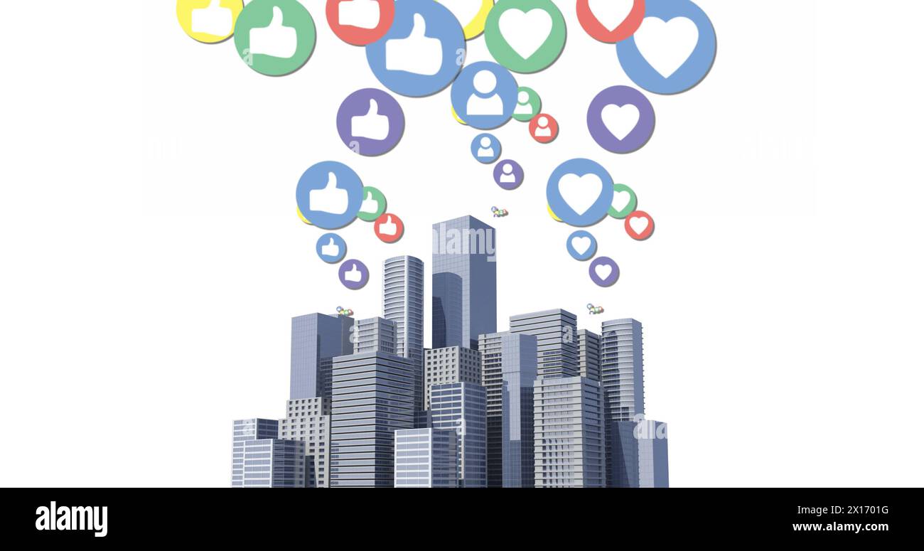 Immagine di più icone colorate dei social media digitali che volano sopra il paesaggio urbano Foto Stock