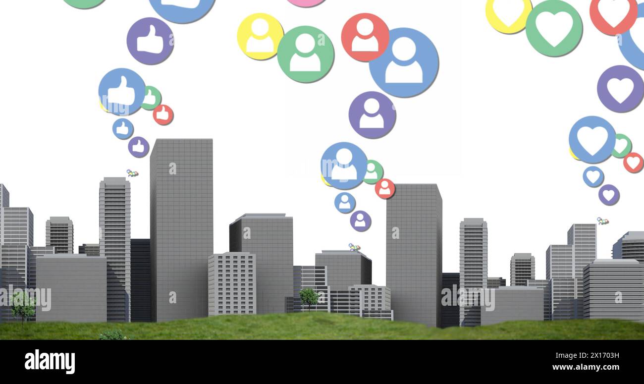 Immagine di più icone colorate dei social media digitali che volano sopra il paesaggio urbano Foto Stock