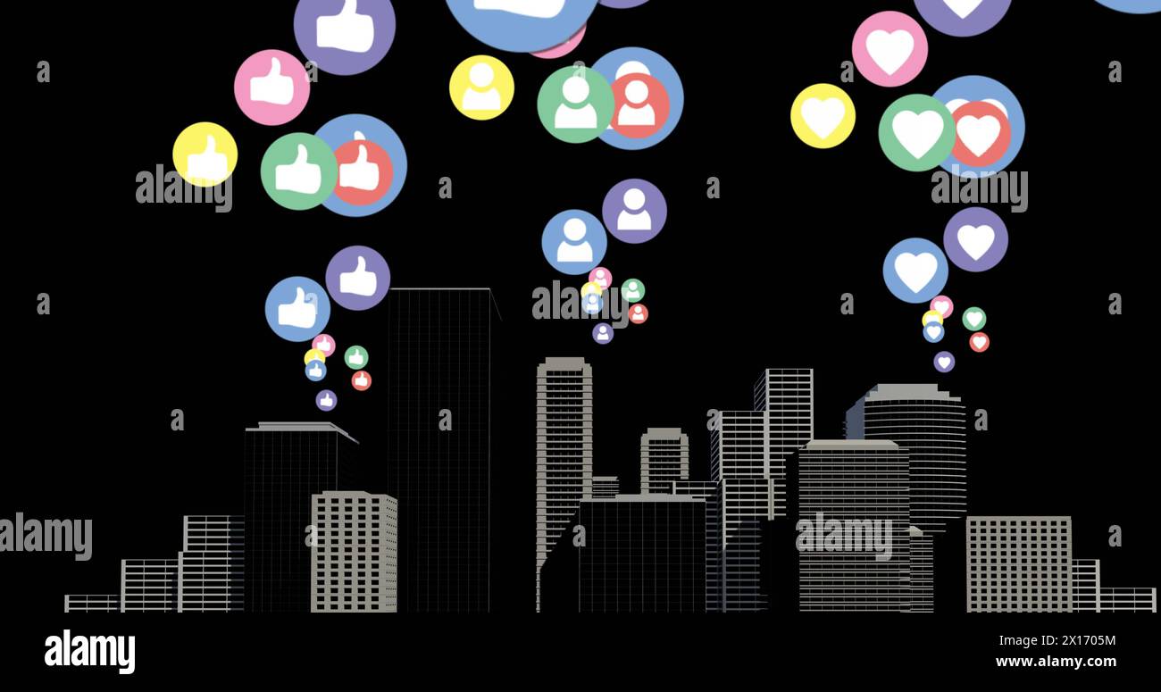 Immagine di più icone colorate dei social media digitali che volano sopra il paesaggio urbano Foto Stock