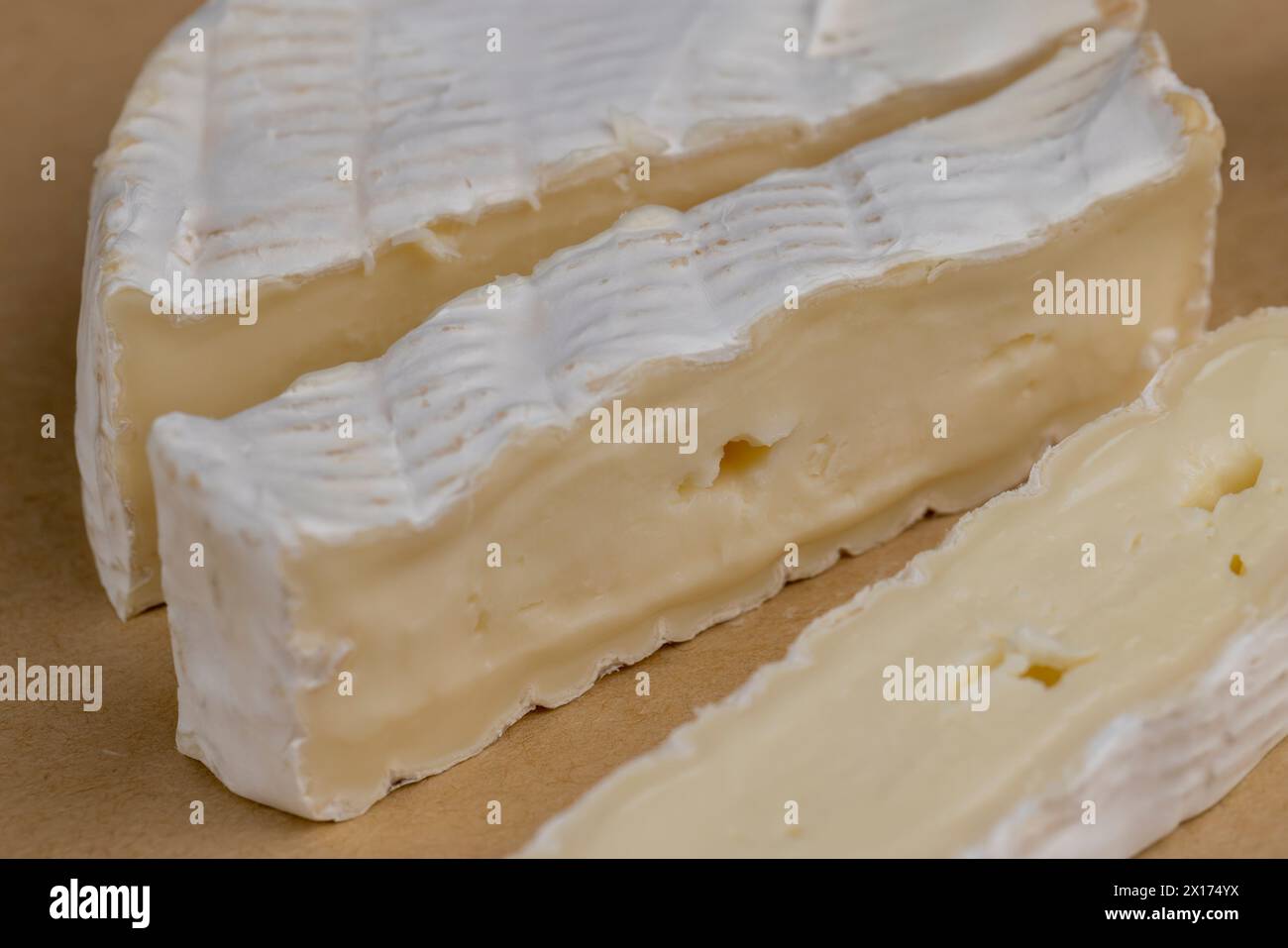 formaggio morbido lavorato con muffa bianca sul tavolo, formaggio bianco a fette con primo piano di muffa Foto Stock
