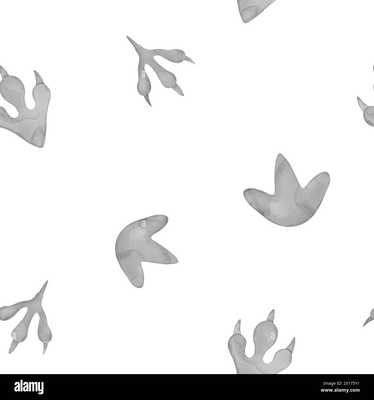 Motivo senza cuciture con impronta di dinosauro ad acquerello. Illustrazione disegnata a mano dello sfondo con i gradini dell'animale. Disegnare con sagome di zampa per tessuti per bambini o carta da imballaggio per bambini. Foto Stock