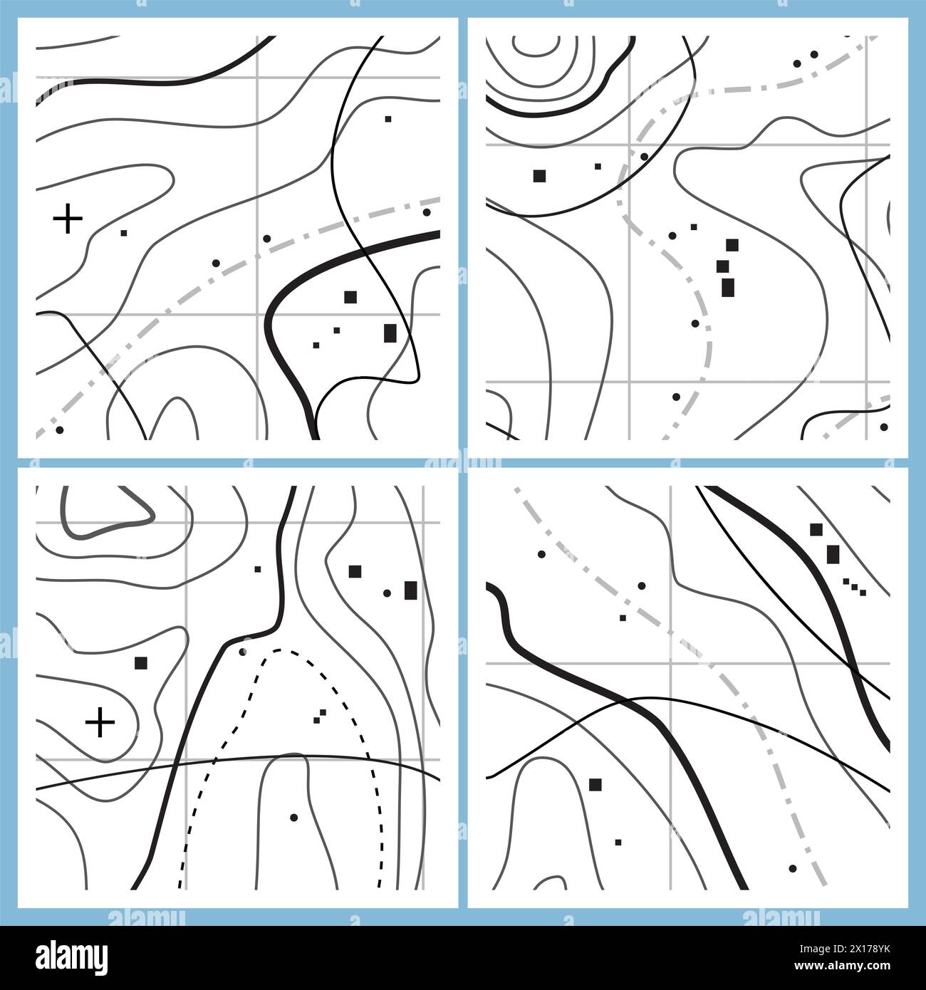 schema mappa astratta vettoriale con linee ondulate. contorni della linea topografica in bianco e nero. set di semplici simboli di progettazione topografici Illustrazione Vettoriale