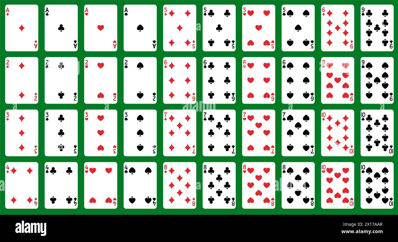 carte vettoriali per giocare a poker e casinò. set di carte da gioco su sfondo verde Illustrazione Vettoriale