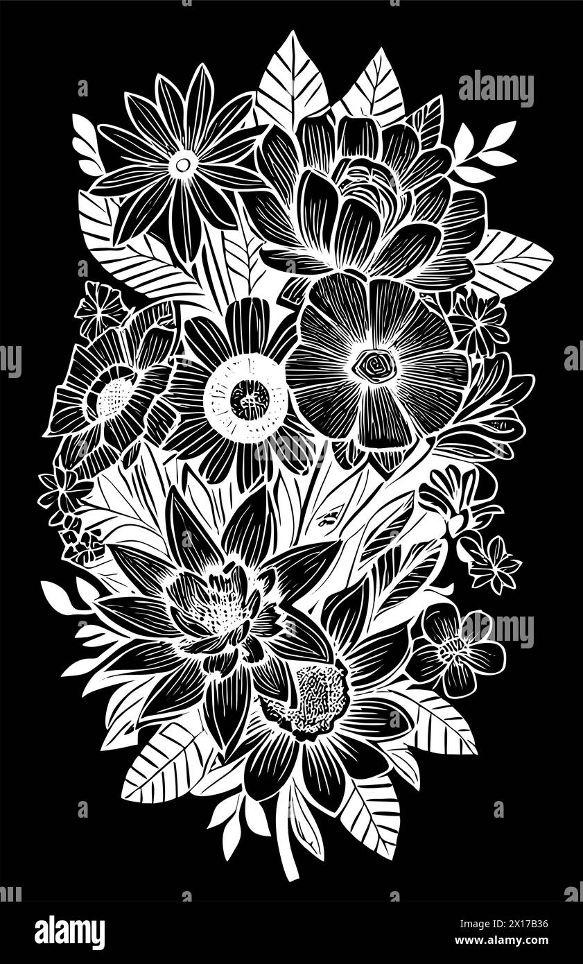 disegno grafico bianco di contorno di un bouquet di fiori su sfondo nero, disegno Foto Stock