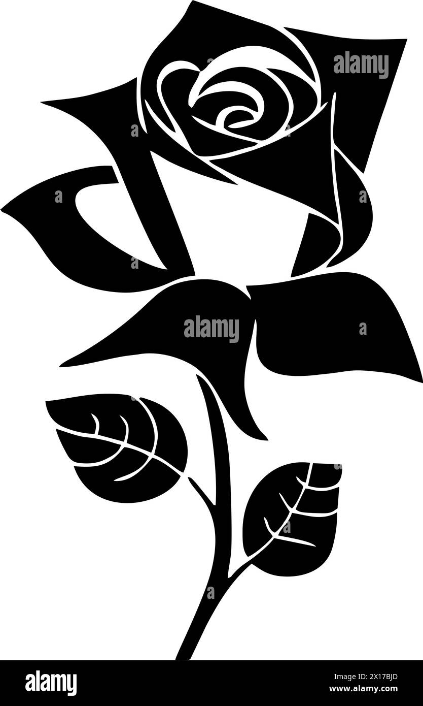 disegno grafico nero di un fiore di rosa con foglie, elemento decorativo monocromatico Foto Stock