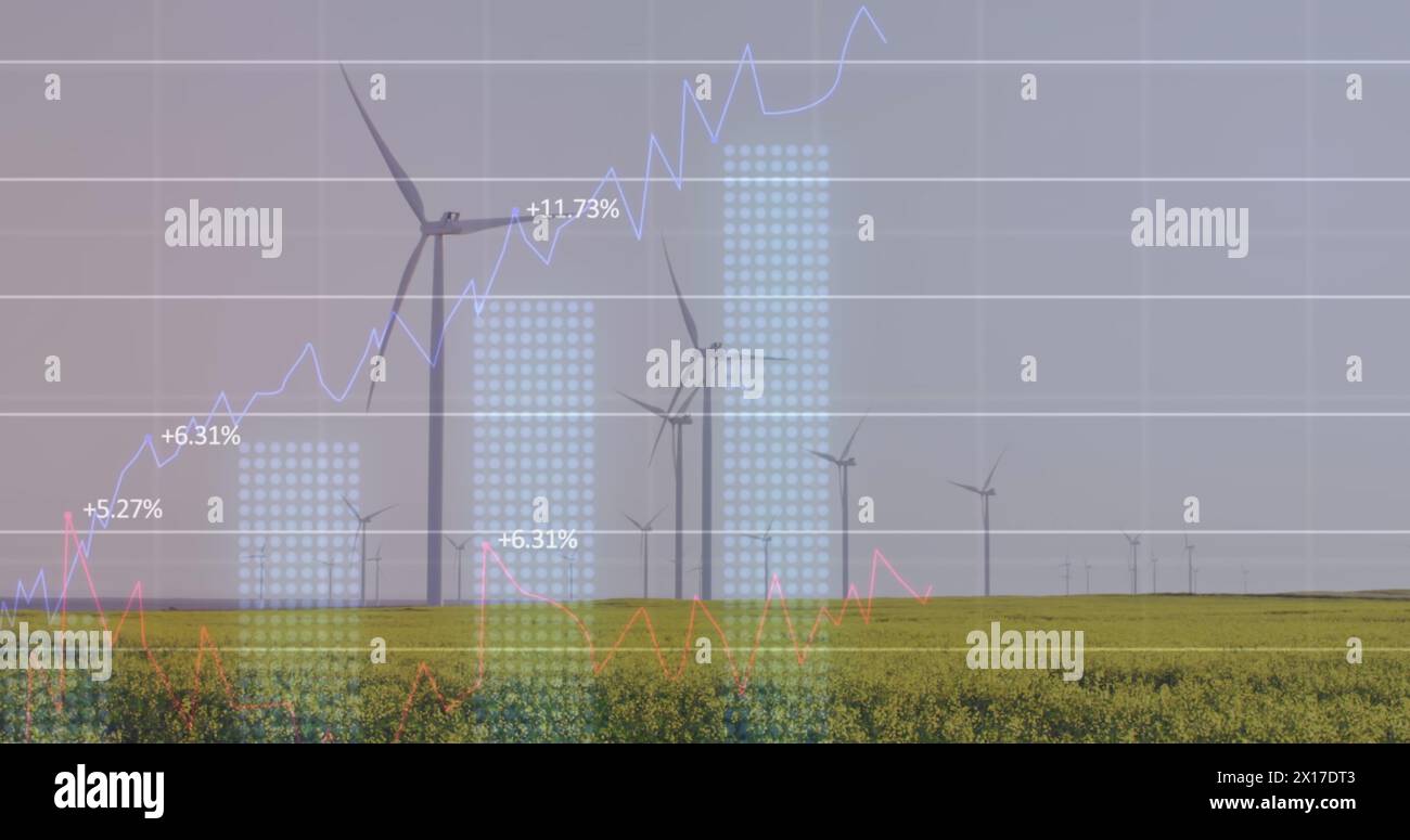 Immagine dell'elaborazione di dati statistici sui mulini a vento che filano sulle praterie Foto Stock