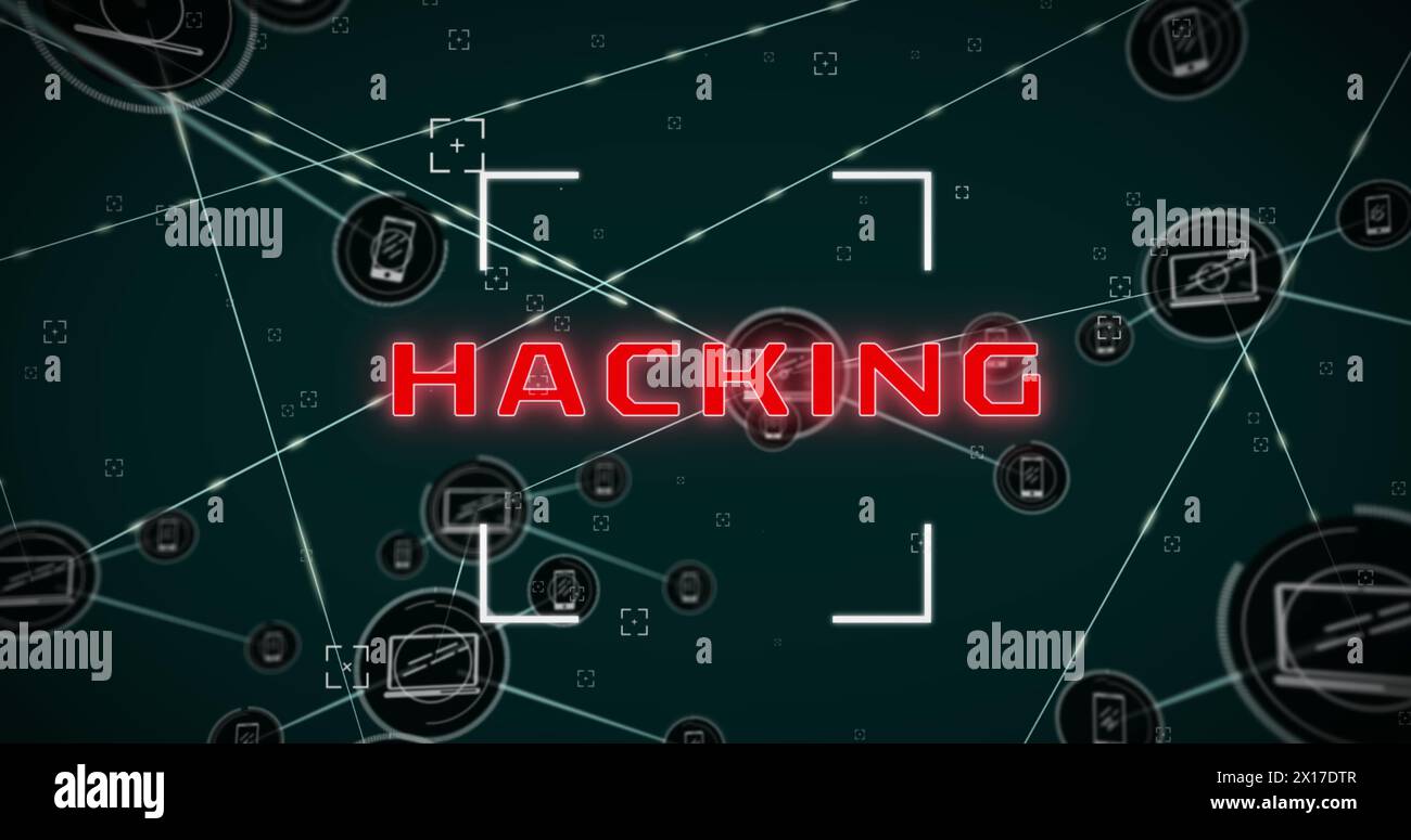 Immagine di hacking di testo con mirino e icone di computer portatile e telefono collegati Foto Stock