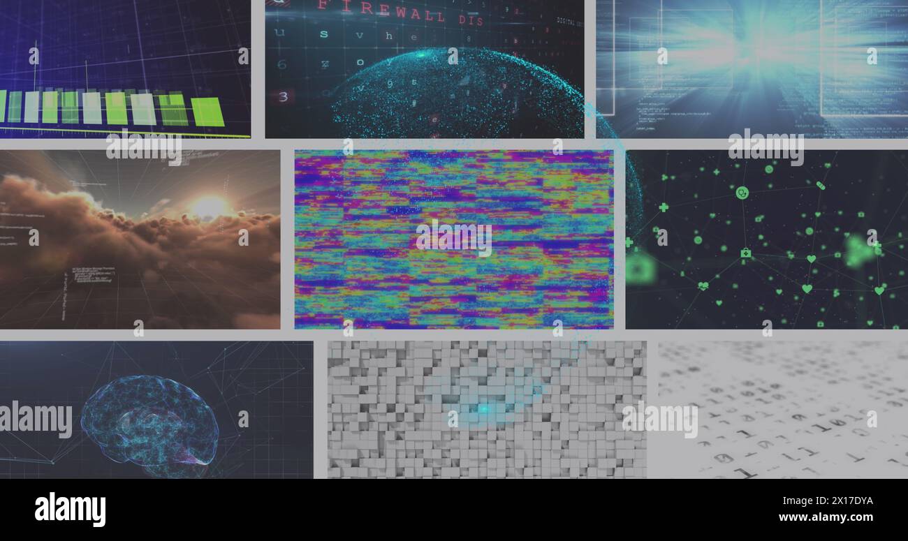 Immagine di una rete globale blu brillante su clip colorate riprodotte su schermi compositi Foto Stock