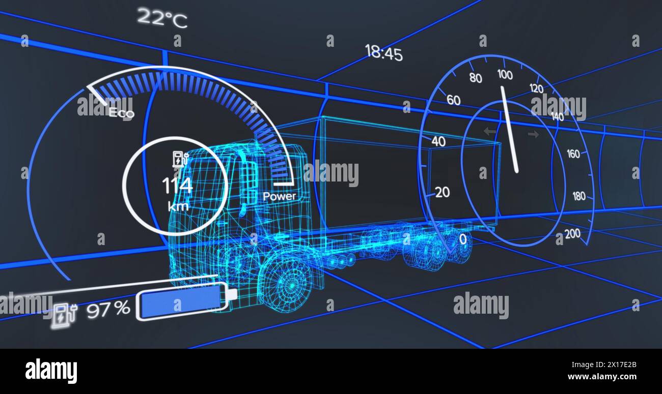 Immagine del tachimetro sul progetto del carrello elettrico su sfondo blu Foto Stock