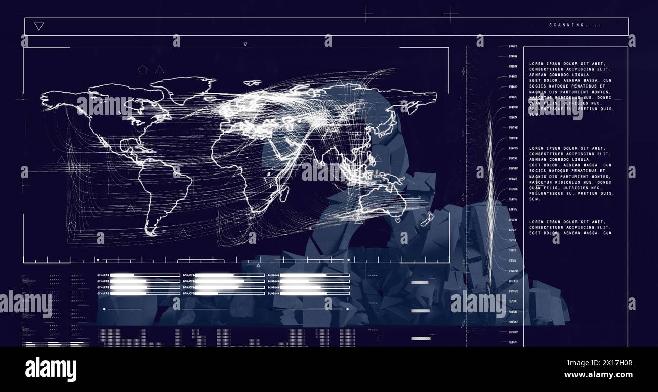 Immagine di mappa digitale illuminata, soundbar, dati sulla struttura del punto interrogativo Foto Stock