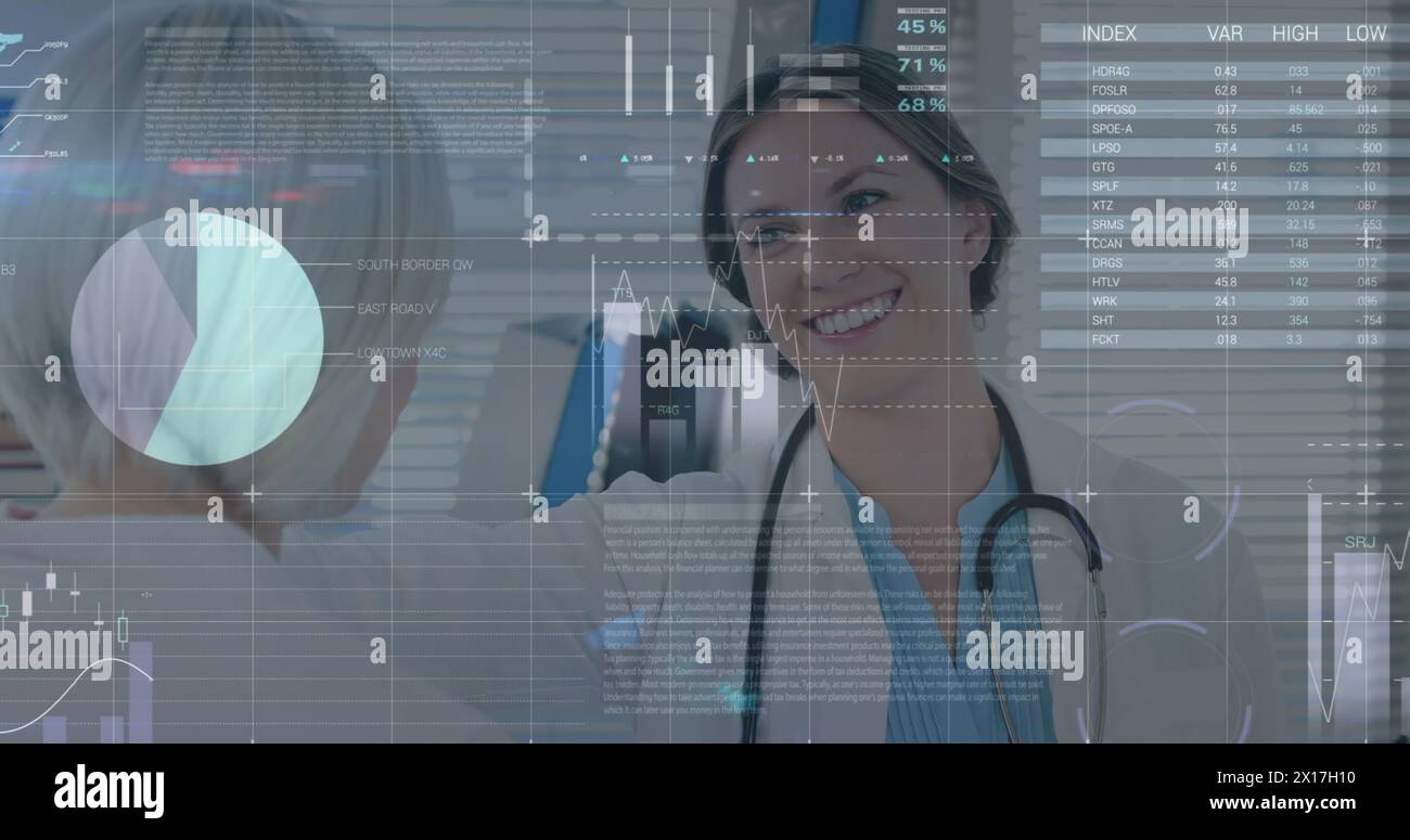 Immagine di statistiche ed elaborazione dei dati su una dottoressa caucasica Foto Stock