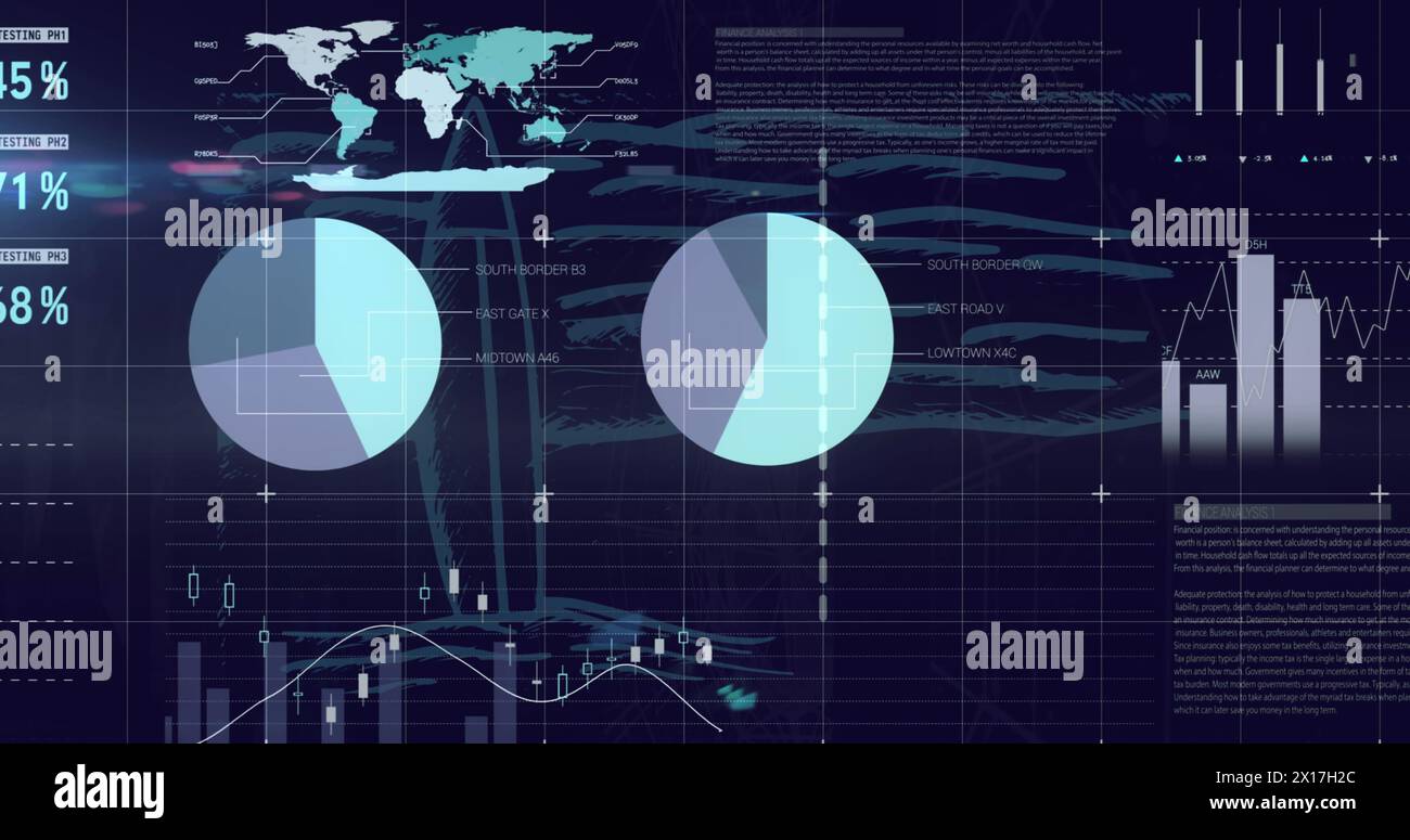 Immagine di più grafici, mappa e database su disegno astratto in background Foto Stock