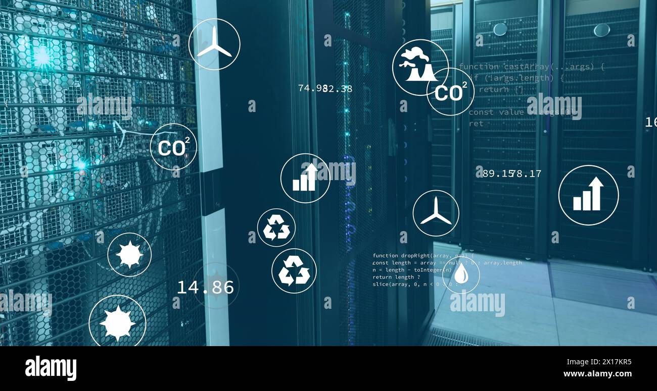 Immagine di icone digitali ed elaborazione dei dati su server informatici Foto Stock