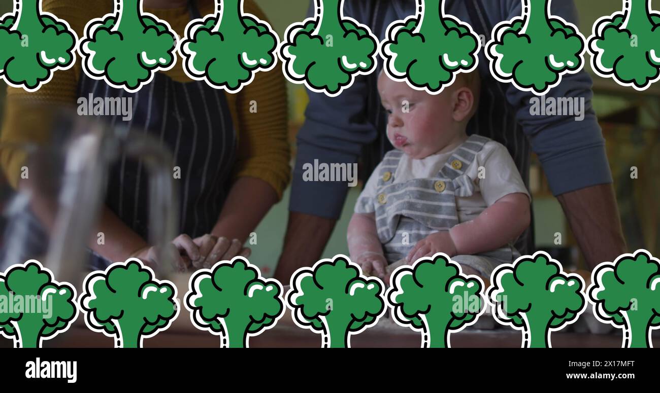 Immagine delle icone dei broccoli sulla cucina della famiglia caucasica Foto Stock