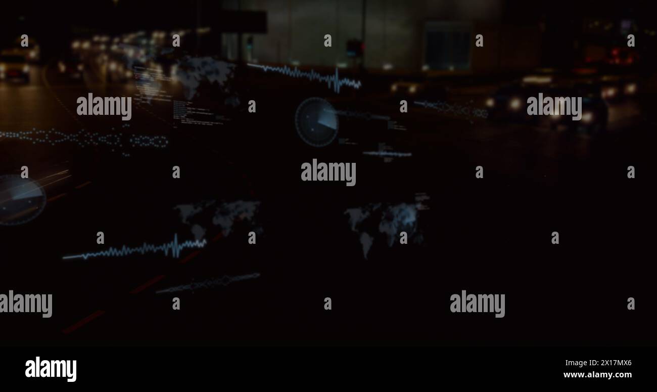 Immagine di scanner rotondi ed elaborazione dei dati contro il time-lapse del traffico cittadino di notte Foto Stock