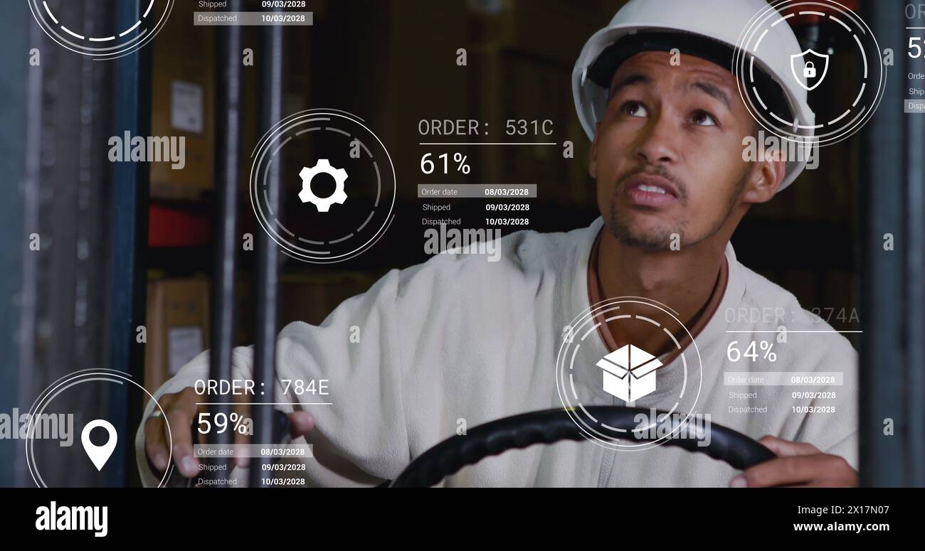 Immagine di icone con elaborazione dati su un lavoratore birazziale che utilizza un carrello elevatore in magazzino Foto Stock