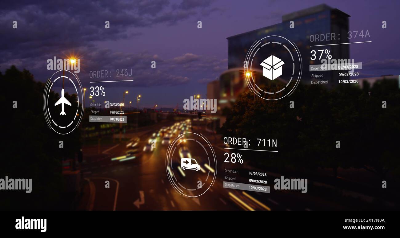 Immagine di icone con elaborazione dei dati sul paesaggio urbano Foto Stock