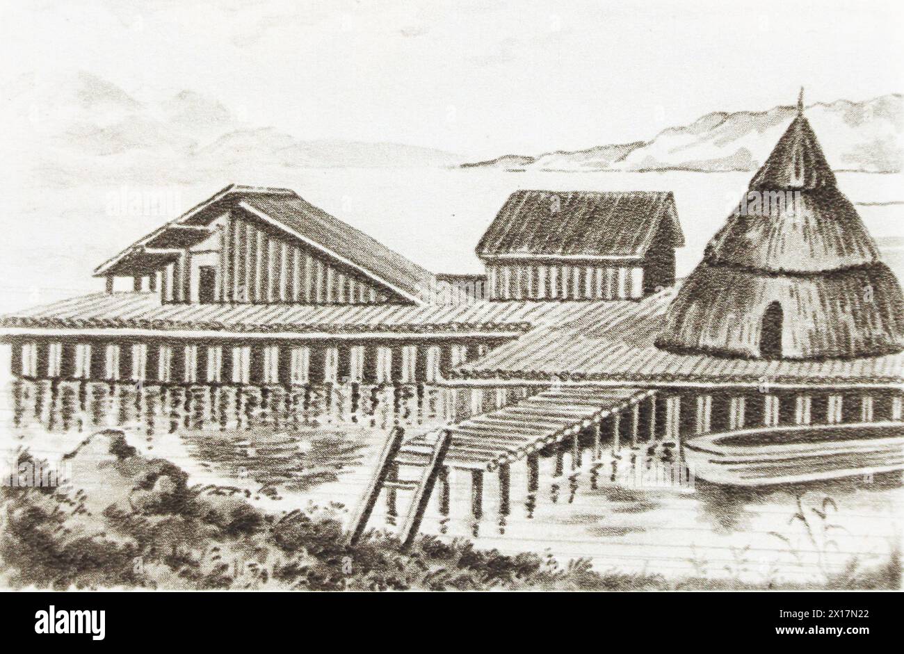 Ricostruzione dell'aspetto di un insediamento eneolitico costruito per la sicurezza su palafitte su un lago in Svizzera. Foto Stock