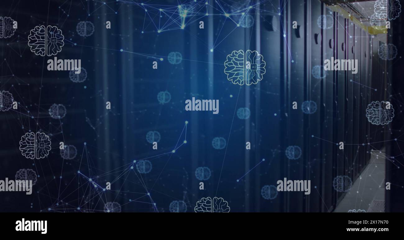 Immagine di intelligenza artificiale e reti che elaborano dati su una sala server Foto Stock