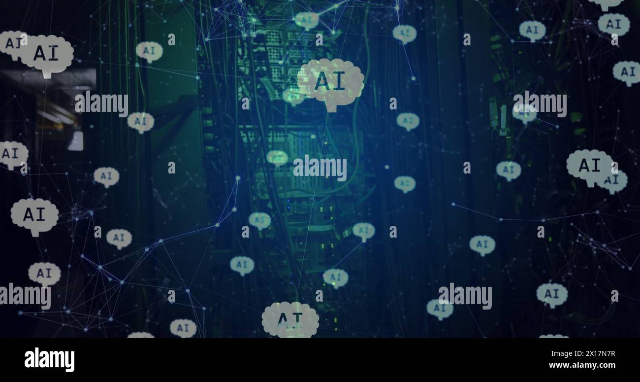 Immagine di intelligenza artificiale su reti, dati e tecnici che lavorano con il computer nella sala server Foto Stock