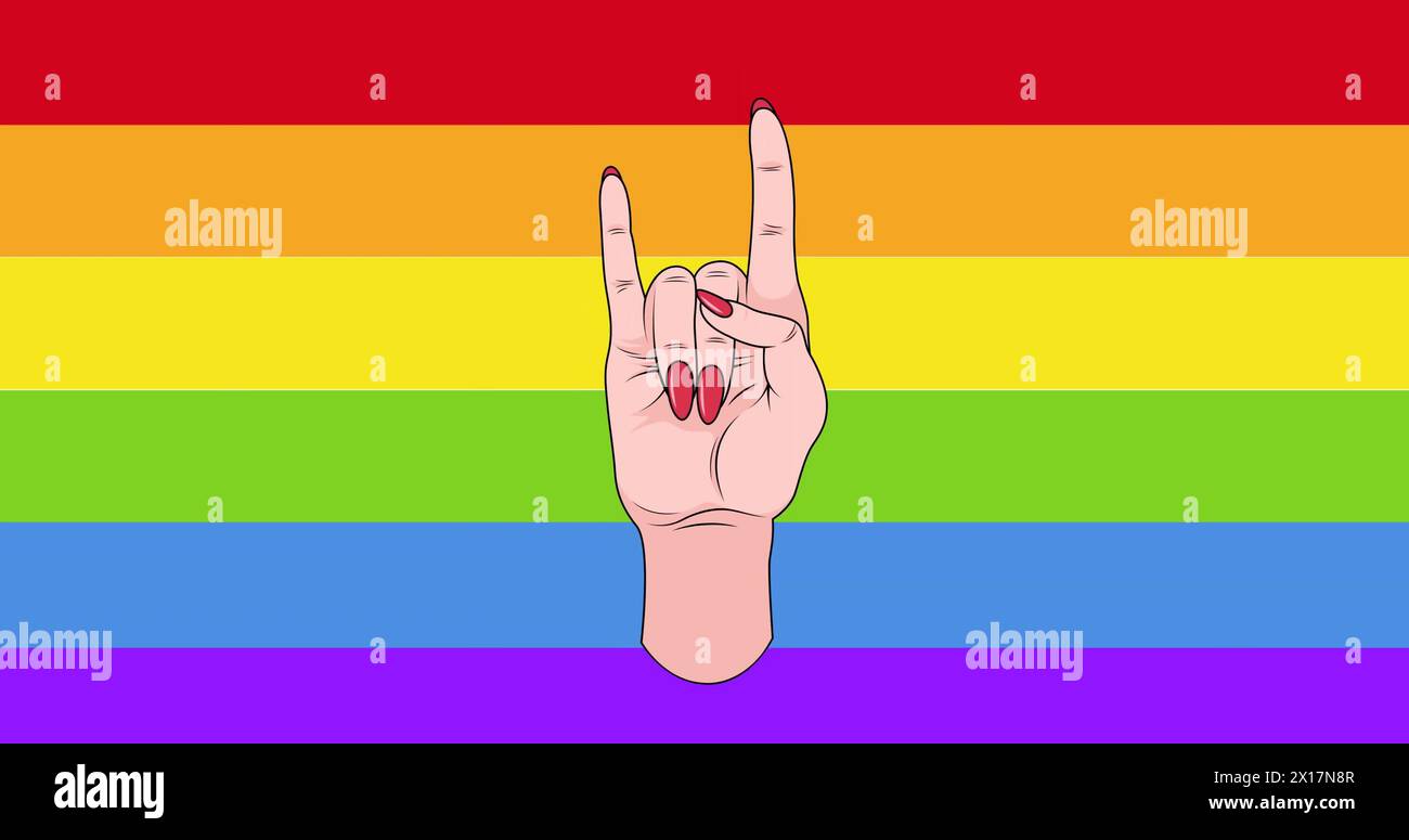 Immagine del gesto della mano su sfondo bianco e arcobaleno Foto Stock