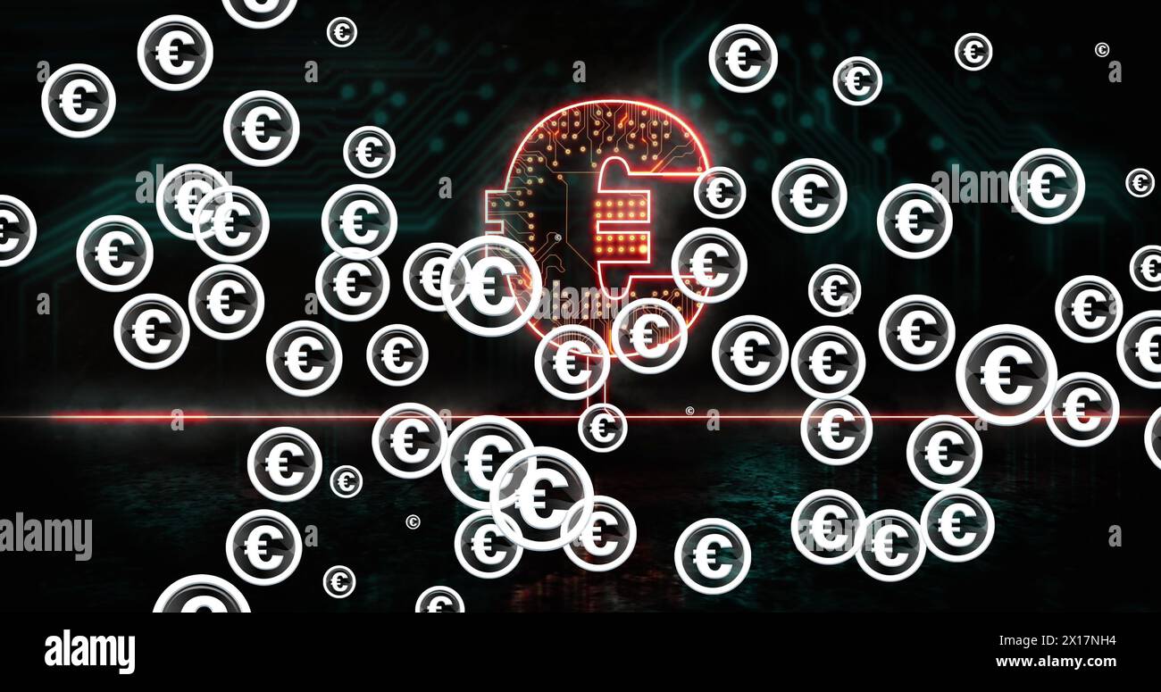 Immagine dei simboli euro sull'icona euro con scheda a circuito stampato su sfondo nero Foto Stock