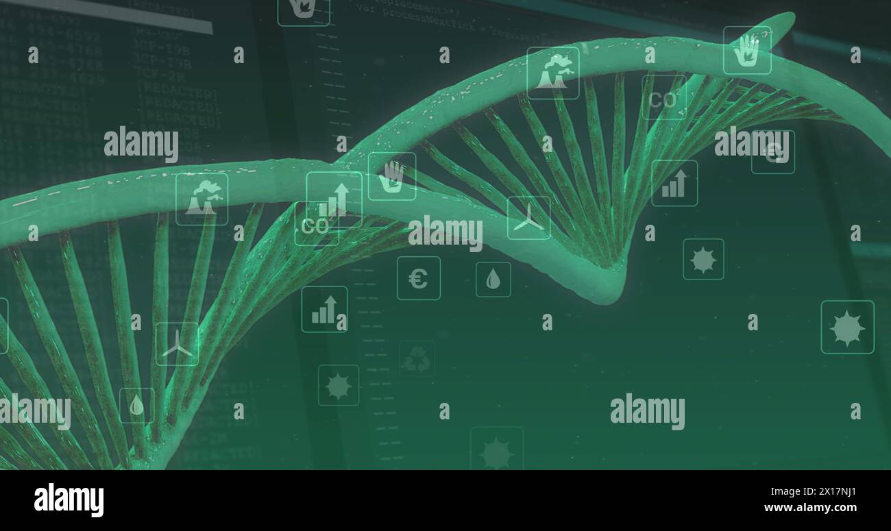 Immagine del filamento di dna che gira sulle icone digitali dell'ecologia Foto Stock