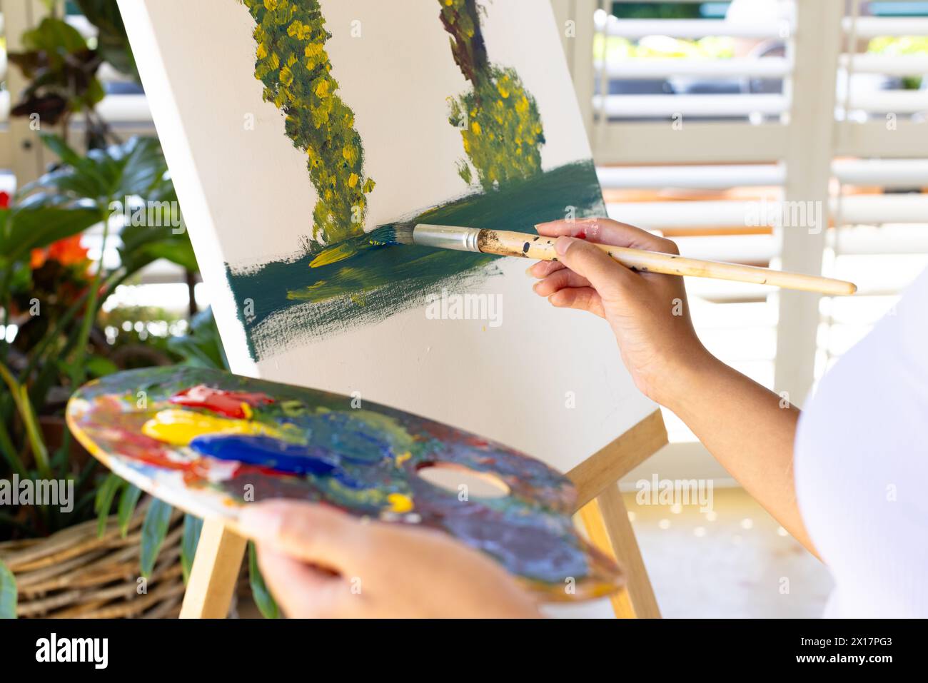 La giovane donna birazziale dipinge su tela all'aperto a casa Foto Stock