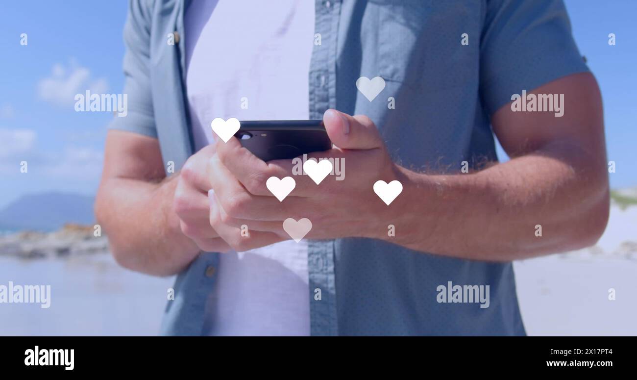 Immagine di un uomo che usa lo smartphone su un paesaggio urbano Foto Stock