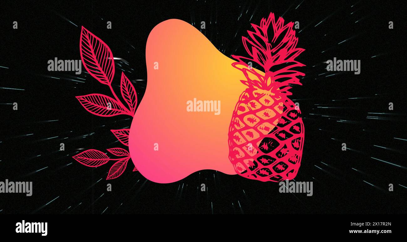 Immagine di frutti rossi e piante con forma arancione su ufo bianchi che si muovono su sfondo nero Foto Stock