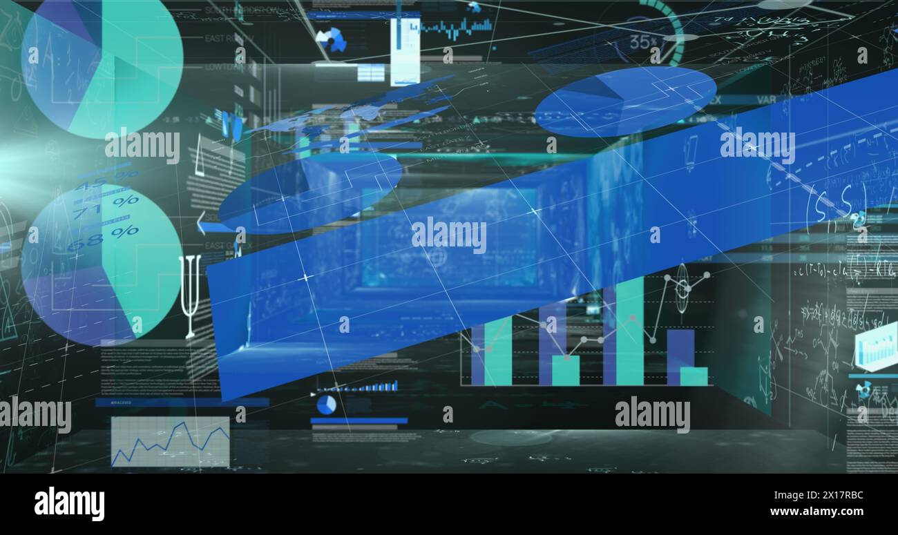 Immagine dell'elaborazione dei dati statistici su schermi con elaborazione dei dati su sfondo nero Foto Stock