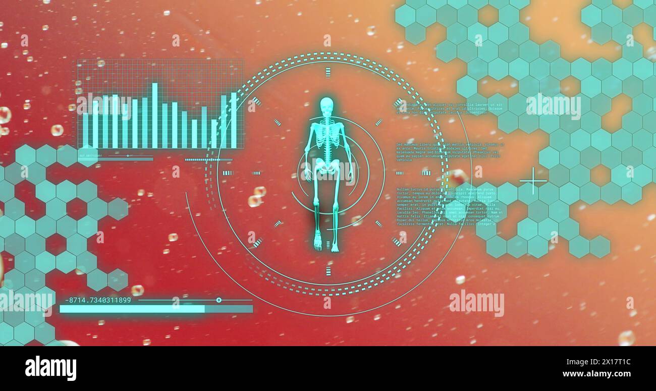 Immagine dell'elaborazione dei dati con scheletro umano su bolle su sfondo rosso Foto Stock