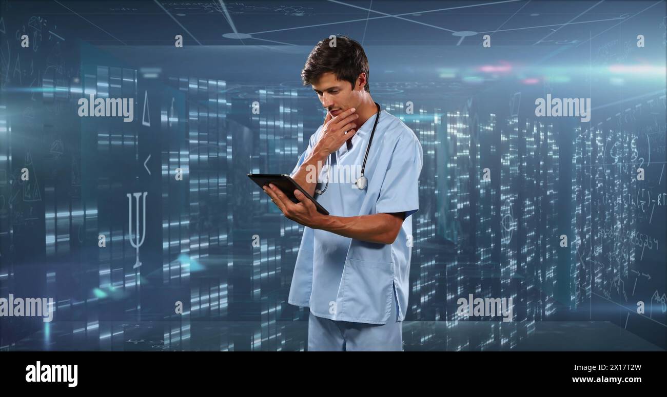 Immagine di equazioni matematiche su medico maschile caucasico con compressa Foto Stock