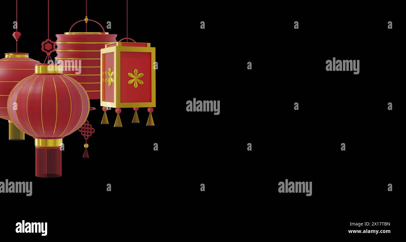 Immagine di lampade rosse cinesi appese con spazio per le copie su sfondo nero Foto Stock