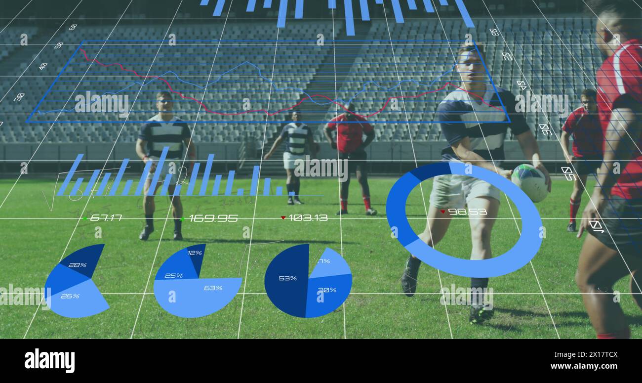 Immagine di grafici, dati e statistiche su due squadre di rugby multietniche che giocano a rugby, running e pu Foto Stock