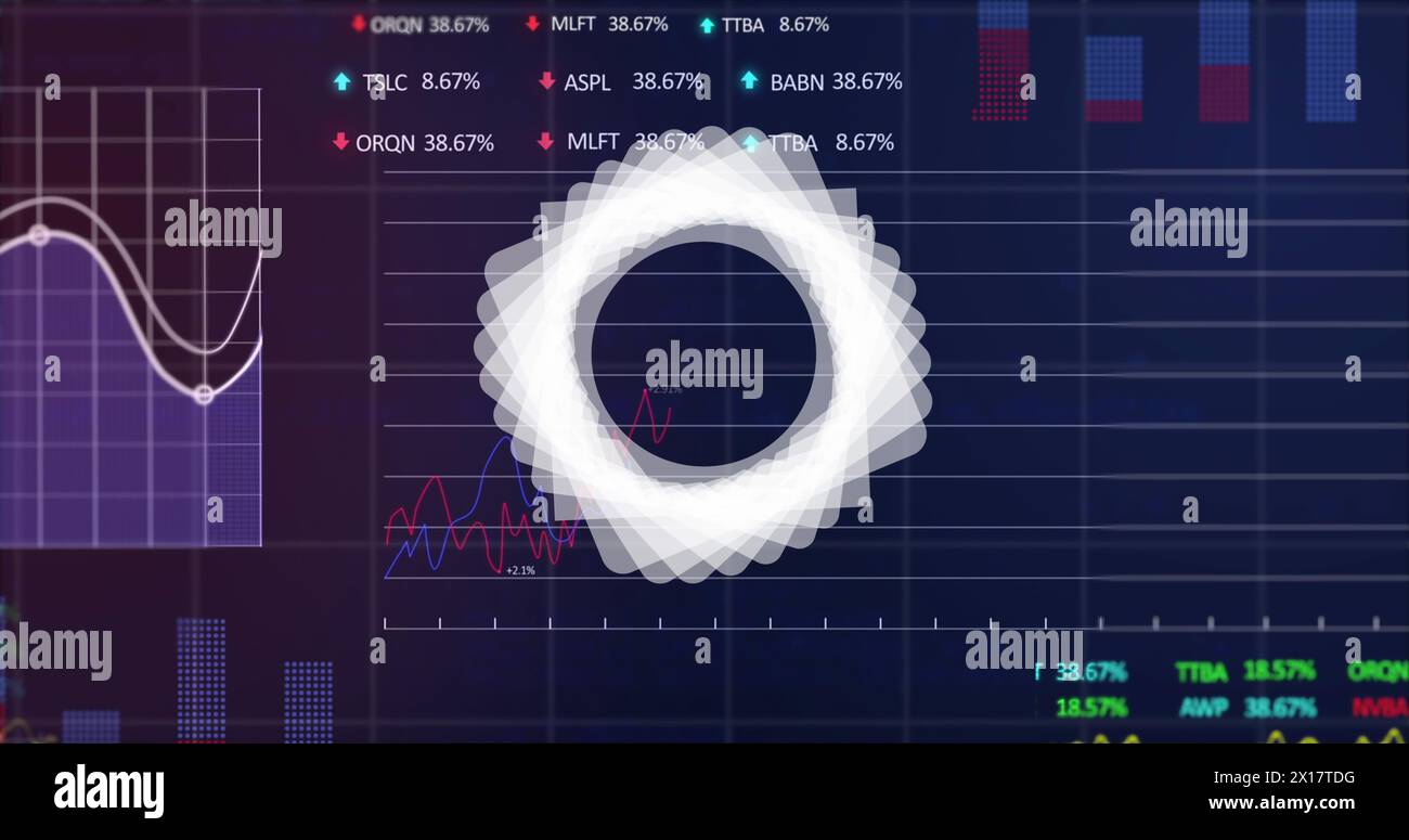 Forma geometrica astratta che ruota sul mercato azionario e elaborazione dei dati finanziari su sfondo blu Foto Stock