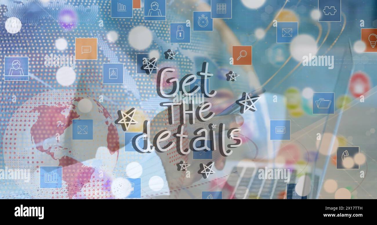 Immagine di Get the details text, Globe, icone sulle mani ritagliate di un uomo d'affari che scrive sul cellulare Foto Stock