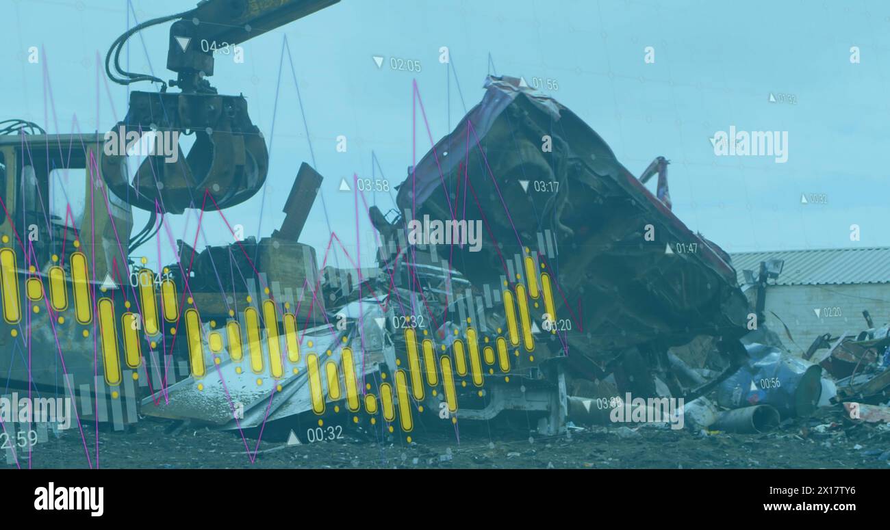 Immagine dell'elaborazione dei dati su macchine che segregano i rifiuti in discarica Foto Stock