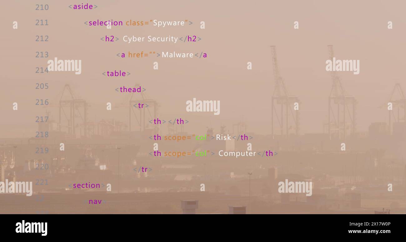 Immagine di un linguaggio informatico multicolore sopra la nebbia copriva la città moderna contro il cielo Foto Stock