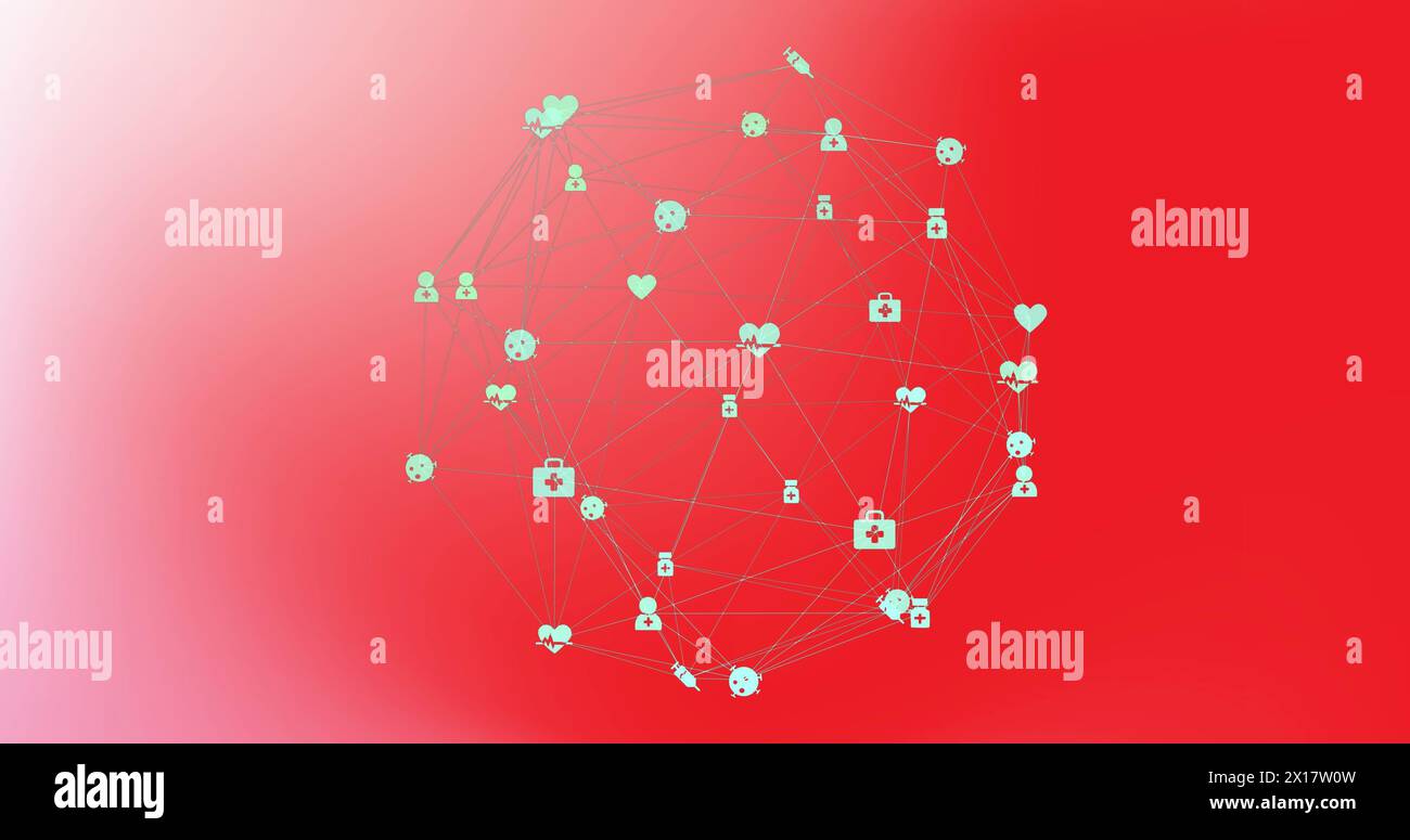 Immagine di icone mediche che si collegano con le linee e formano globo su sfondo rosso Foto Stock