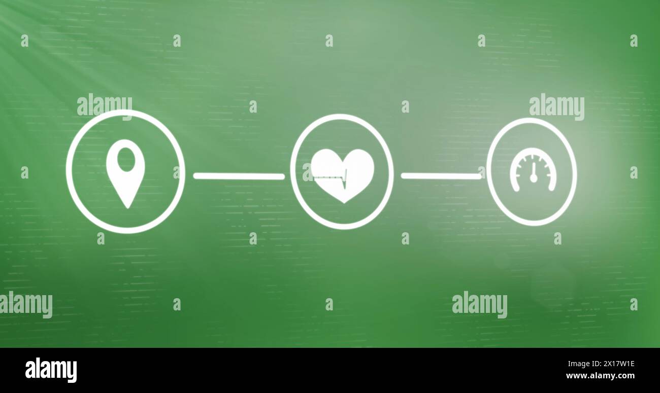 Immagine delle icone gps, del battito cardiaco e del tachimetro che formano il diagramma di flusso su sfondo verde Foto Stock