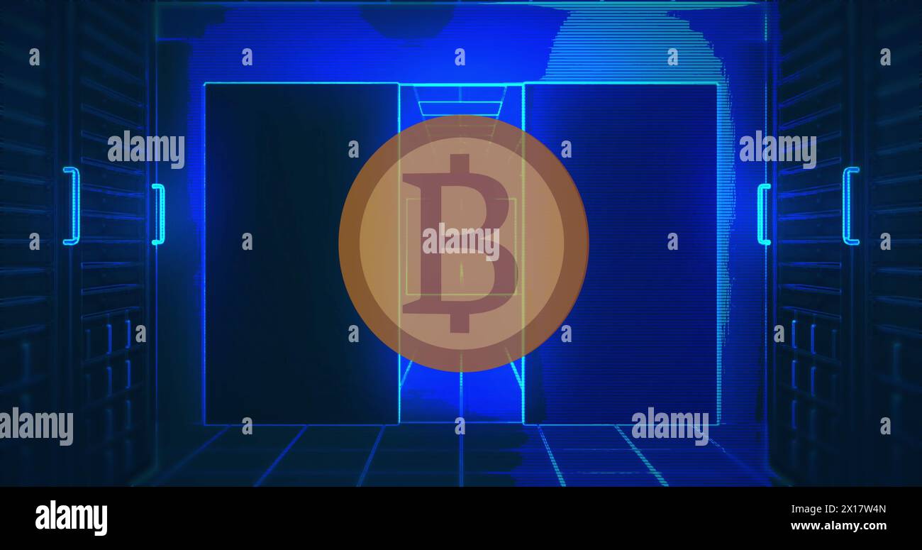 Immagine di bitcoin su tunnel digitale blu con server Foto Stock