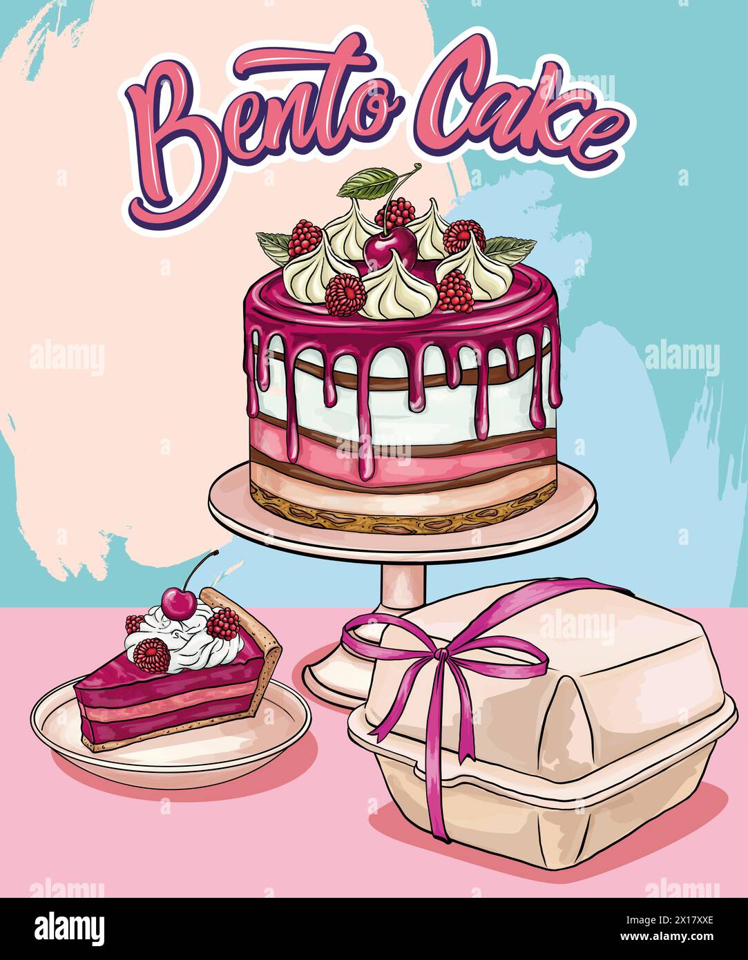 Torta bento dalla forma carina con poster di ciliegia e lampone. Dessert romantico. Dolce di San Valentino e anniversario. Adesivo amore per carta, poster, c Illustrazione Vettoriale