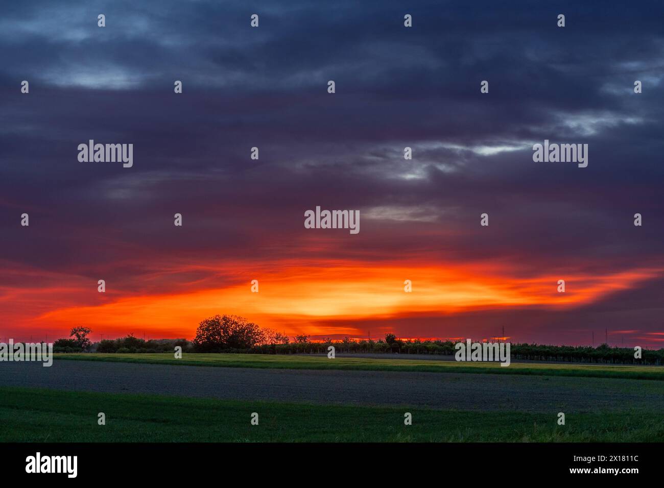 Osijek, Croazia. 15 aprile 2024. Questa foto scattata il 15 aprile 2024 mostra una vista al tramonto sui campi vicino a Osijek, Croazia. Foto: Borna Jaksic/PIXSELL credito: Pixsell/Alamy Live News Foto Stock